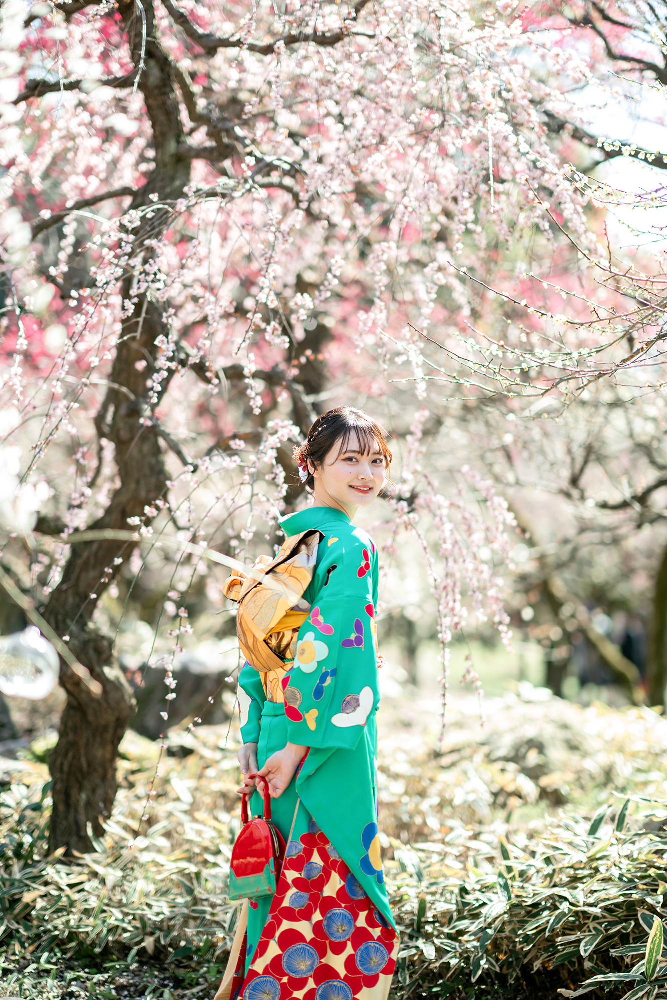 成人式 ロケ撮影 エメラルドグリーンのキモノ